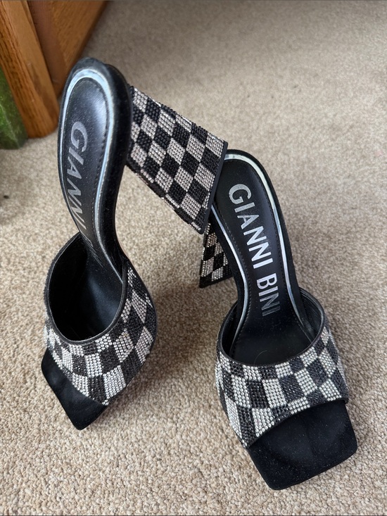 Gianni Bini Shoes - Gianni Bini Black & Silver Checkered Mule Heels